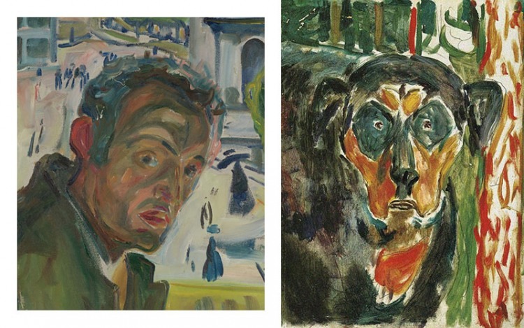 Edvard Munch Self-portrait in Bergen, 1916 (left); Head of a Dog, 1942 (right) Oil on canvas (Bergen) and wood panel (Dog)